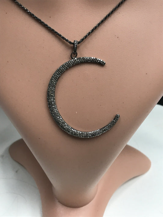 Moon Shape Diamond Pendant .925 Oxidized Sterling Silver Diamond Pendant, Genuine handmade pave diamond Charm Size Approx 2.04"(51 x 42 MM)