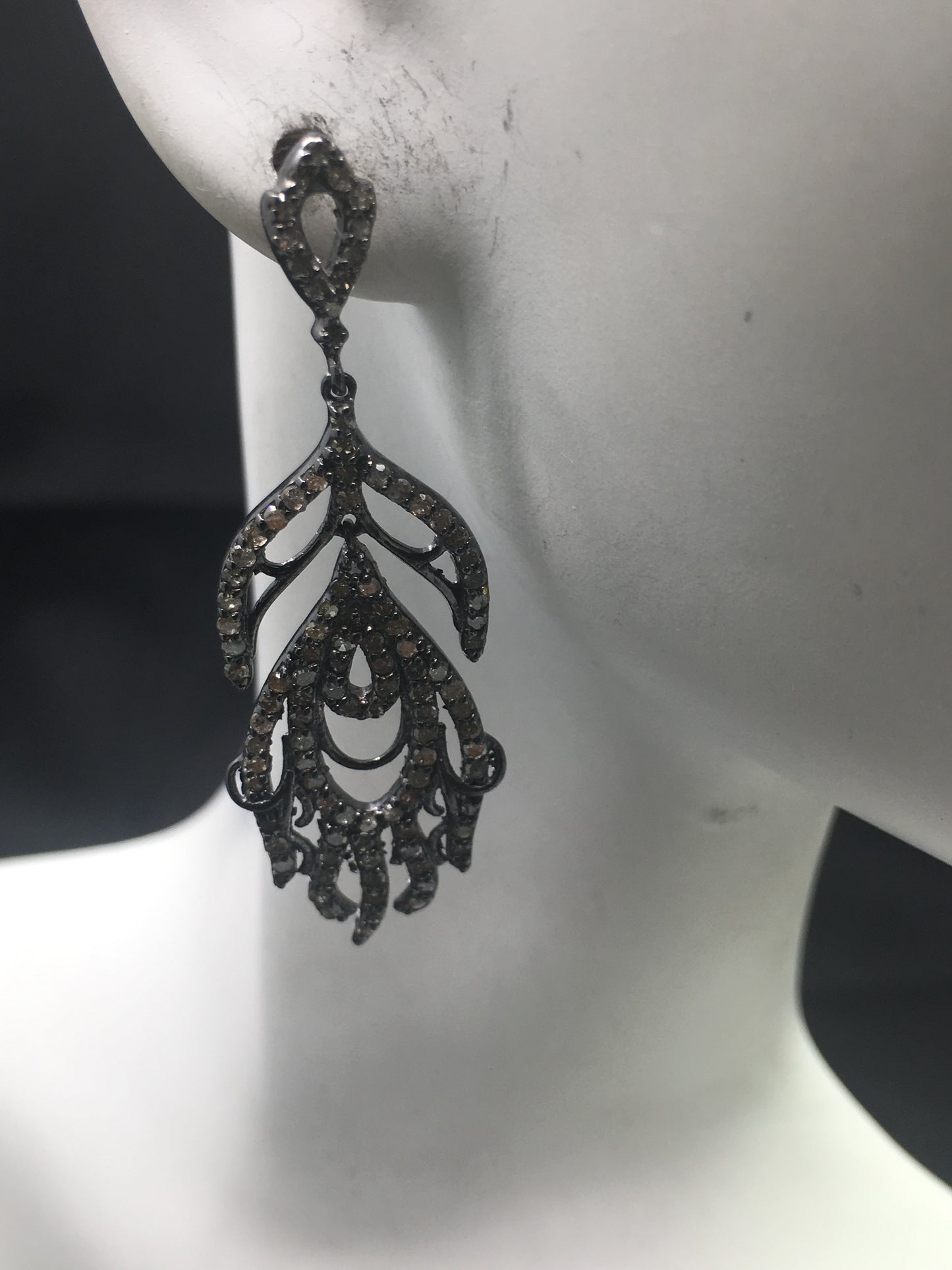 Diamond Silver Earring .925 Oxidized Sterling Silver Diamond Earring, Genuine handmade pave diamond Earring Size 1.80"(14 x 45 MM )