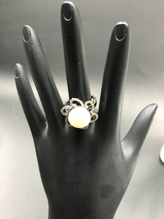 Diamond and Silver Pearl Black Rhodium Finish Rings