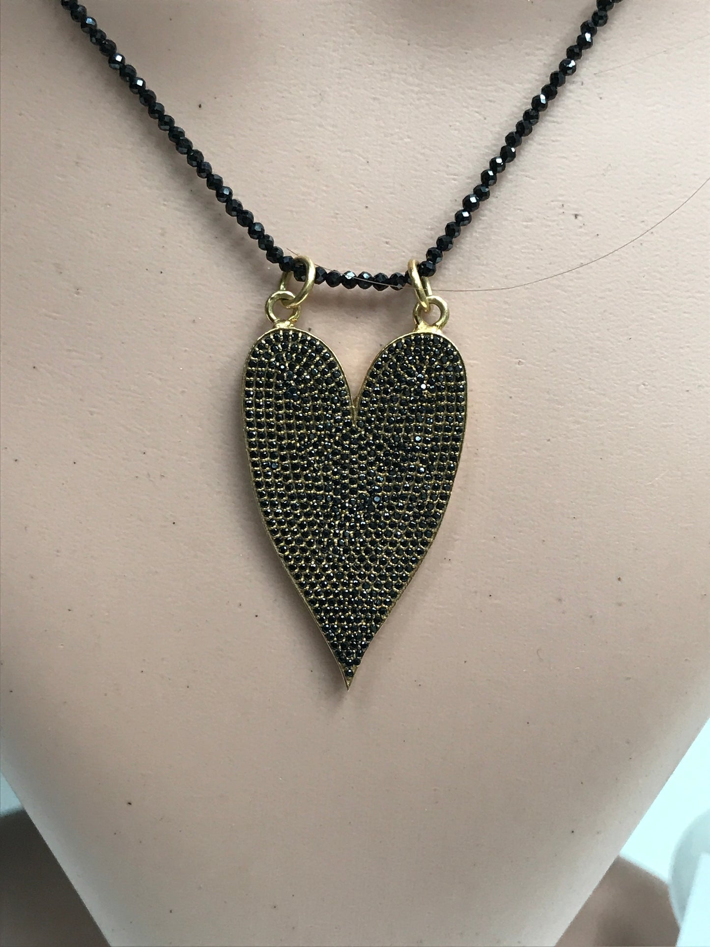 Heart Shape Black Spinal Charm, Pave Black Spinal ,Approx 1.40''( 40 x 25 mm) Oxidized Sterling Silver, Sterling Silver ,Black Spinel