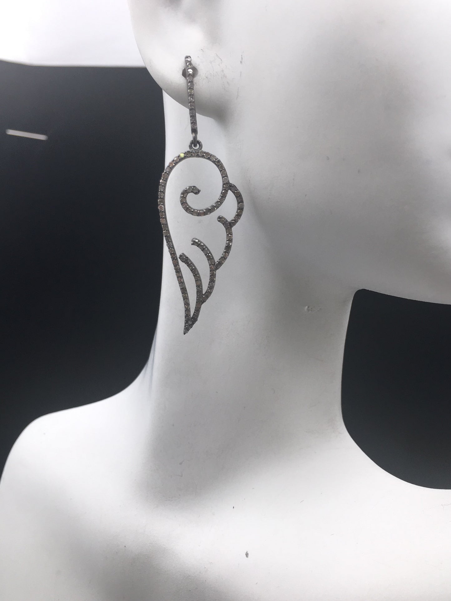 Wings Diamond Earrings .925 Oxidized Sterling Silver Diamond Earring, Genuine handmade pave diamond Earring Size 2.08"(16 x 52 MM )