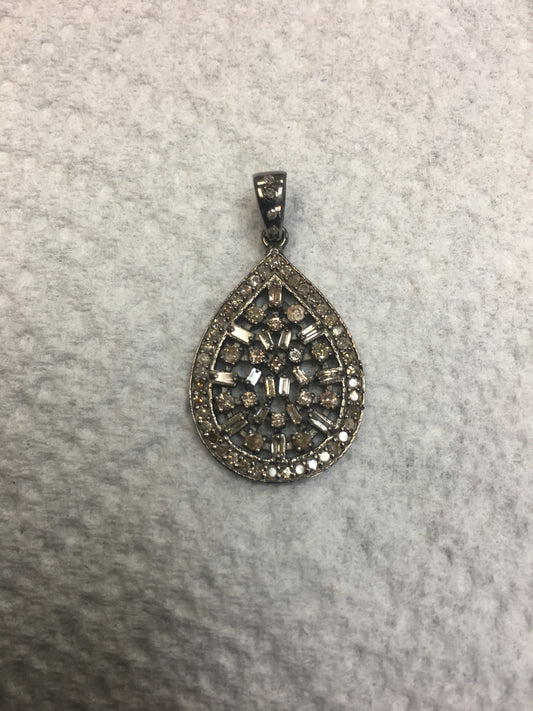 Pear Shape Diamond Connector .925 Oxidized Sterling Silver Diamond Pendant, Genuine handmade pave diamond Pendant.