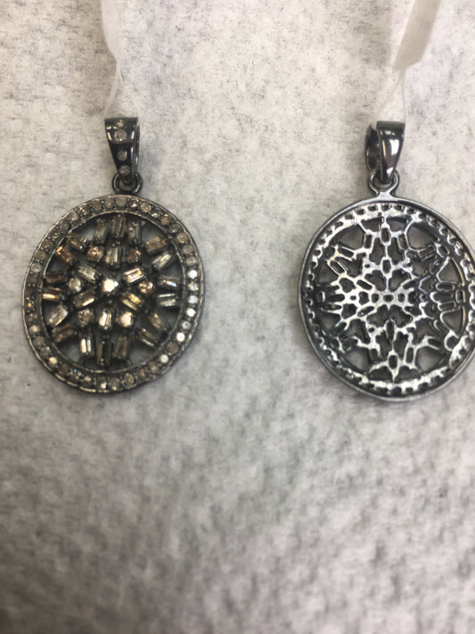 Flower Diamond Pendant .925 Oxidized Sterling Silver Diamond Pendant