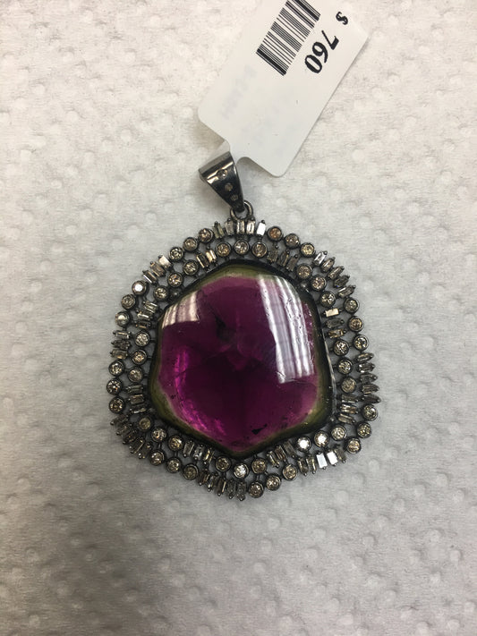 Water Melon Bio Tourmaline Slice Diamond Pendants