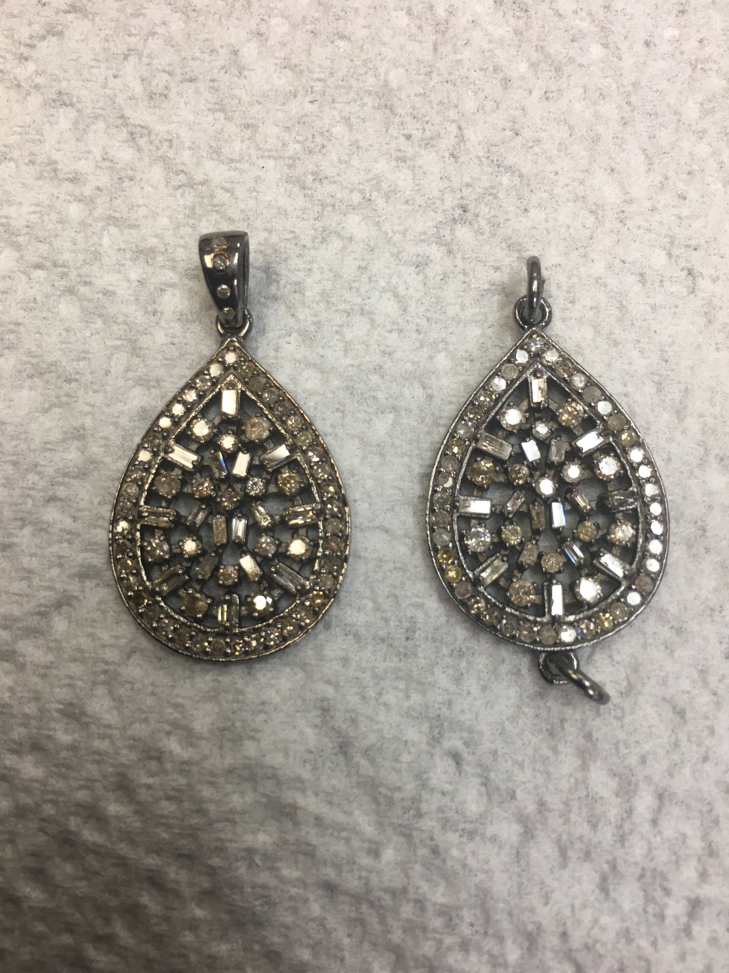 Pear Shape Diamond Connector .925 Oxidized Sterling Silver Diamond Pendant, Genuine handmade pave diamond Pendant.