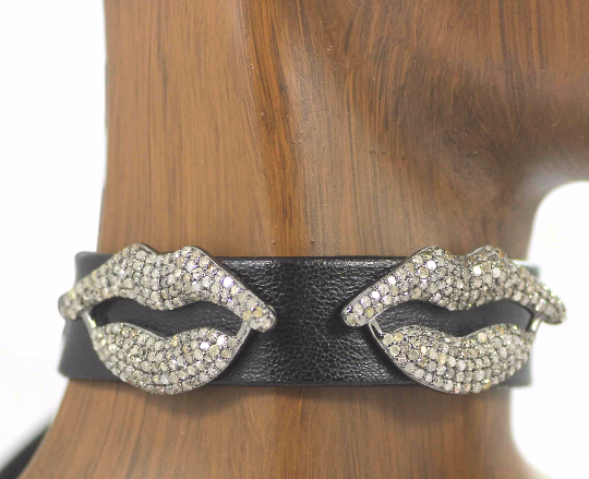 Lips Shape Leather Choker Necklaces With Pave Diamond. 925 Oxidized Sterling Silver Diamond necklaces, Genuine handmade pave diamond necklaces.