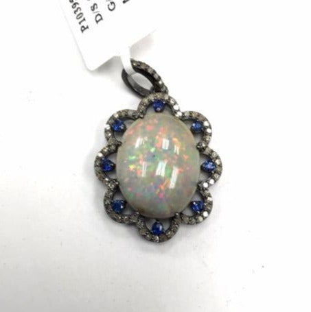 OPAL PENDANT WITH DIAMOND AND BLUE SAPPHIRE