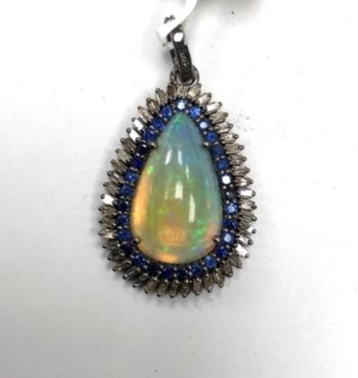 Opal with Diamond and blue Sapphire Pendant