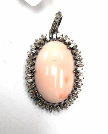 Pink Coral studed with Diamond hand crafted over Sterling silver Pendant