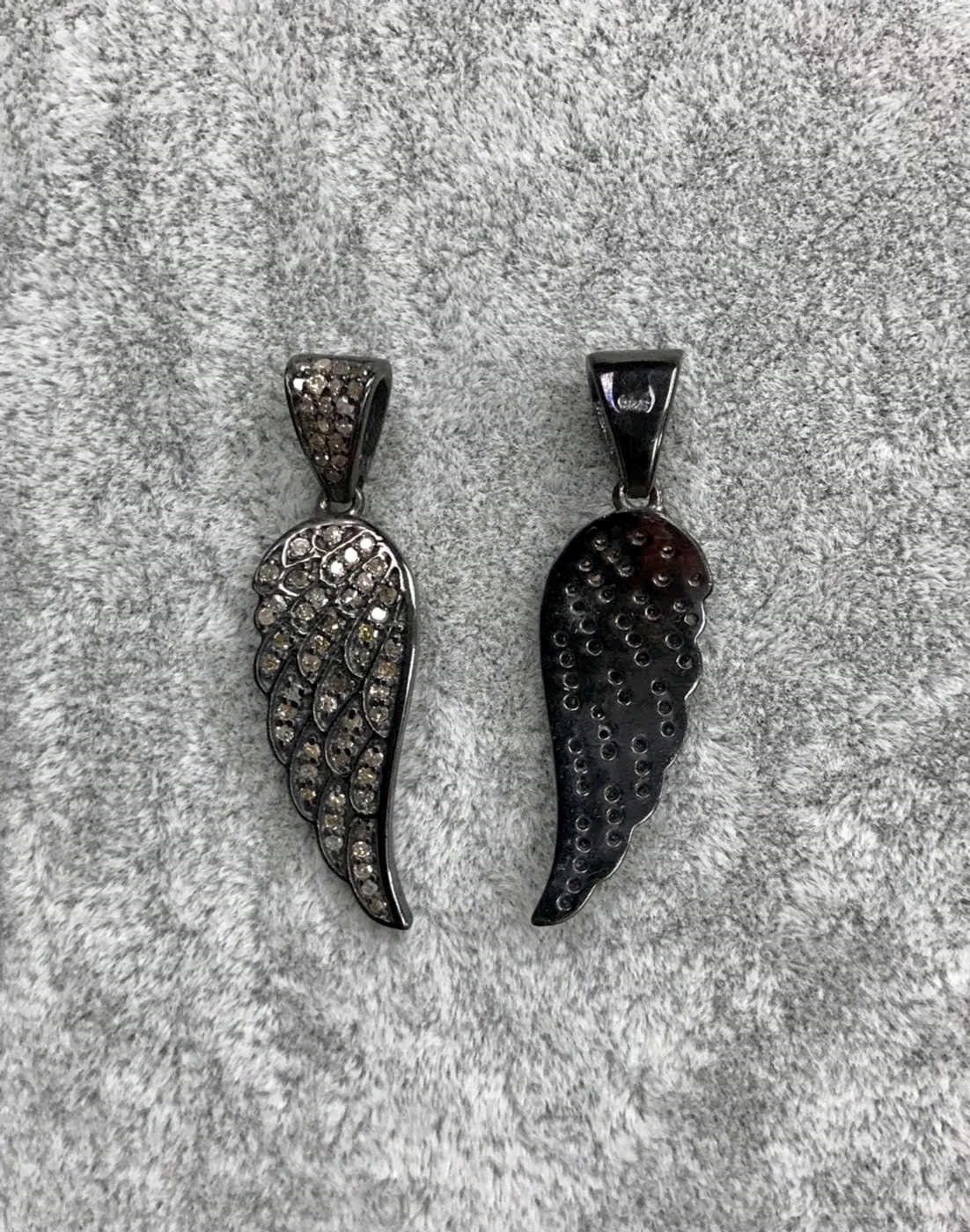 Diamond Angel Wings Pendant, Pave Diamond Pendant,Pave Angel Wing Necklace, Appx 32 x 10mm. Sterling Silver
