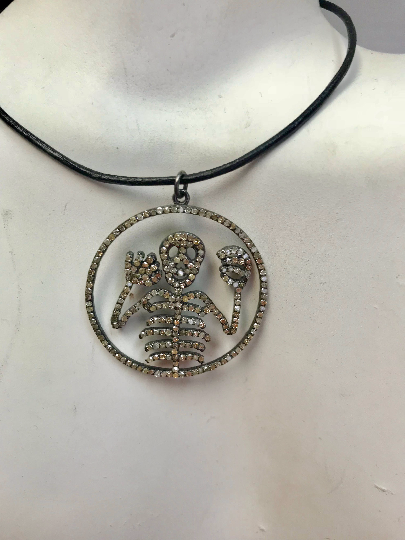 Diamond Necklace .925 Oxidized Sterling Silver Diamond Necklace, Genuine handmade pave diamond Necklace. Size 32 mm