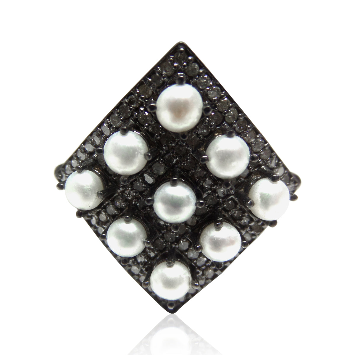 Black Spinel Ring With Pearl .925 Oxidized Sterling Silver Black Spinal Ring, Genuine handmade pave Black Spinal Ring Size Approx(25x27 mm)