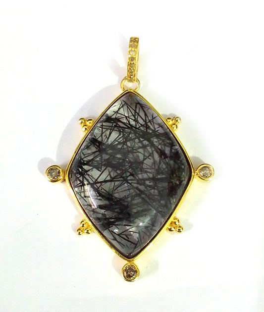 Black Rutile Silver Pave Diamond Pendant