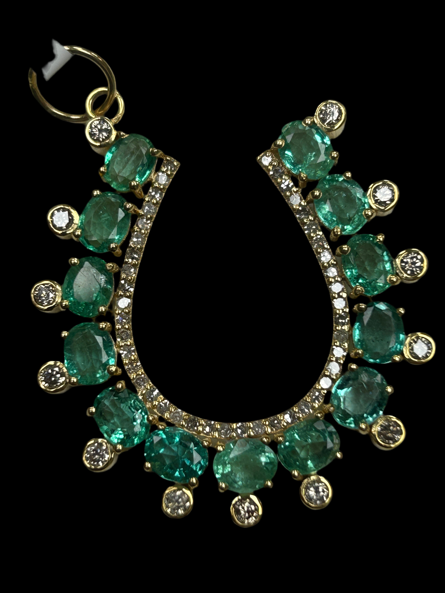 14k Solid Gold Horse Shoe Pendant with Emerald and Diamonds