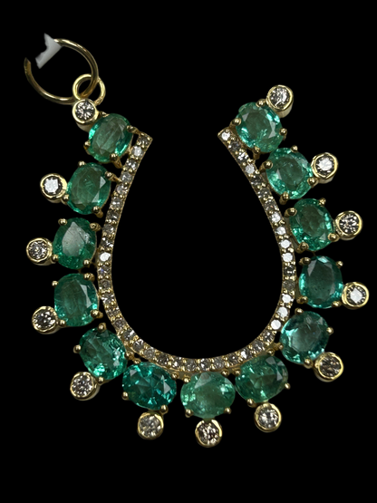 14k Solid Gold Horse Shoe Pendant with Emerald and Diamonds