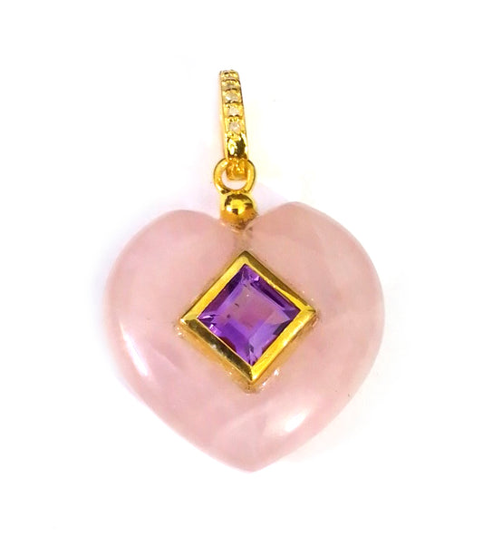 Rose Quartz Heart Shape Pave Diamond Pendant