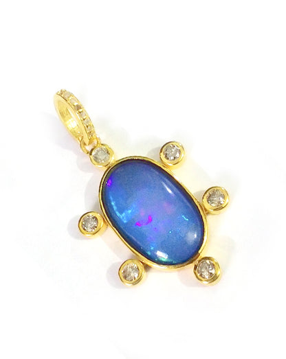 Opal Oval Silver Pave Diamond Pendant