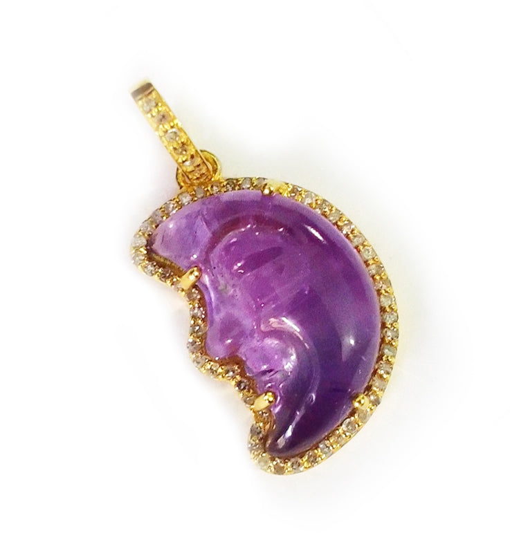 Moon-shaped sterling silver pendant with Amethyst centerpiece and diamond border