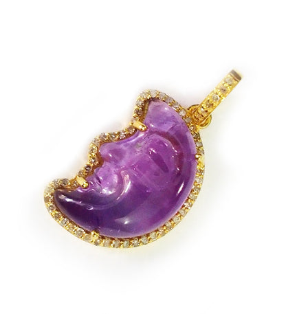 Moon-shaped sterling silver pendant with Amethyst centerpiece and diamond border