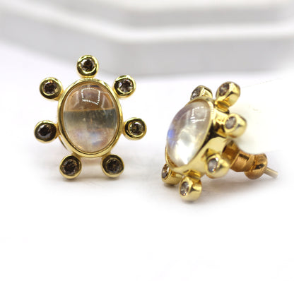 Rainbow Moonstone 925 silver Diamond Earring Stud