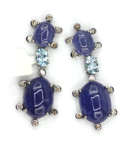 Tanzanite 925 silver Diamond Earring With Aquamarine Stone
