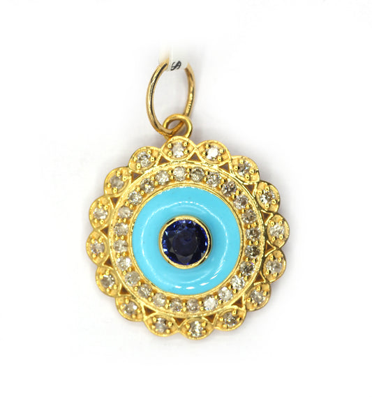 Round14k Solid Gold Diamond Pendants With Blue Sapphire Stone