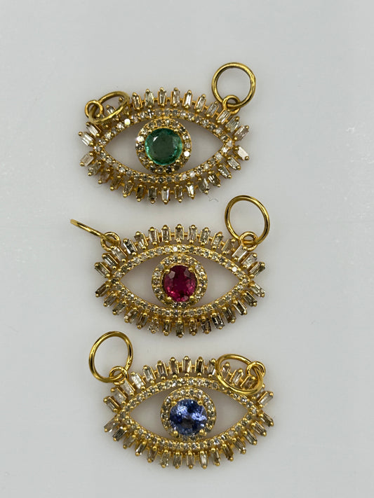 Evil Eye 14k Solid Gold Diamond Pendants With Sapphire Stone