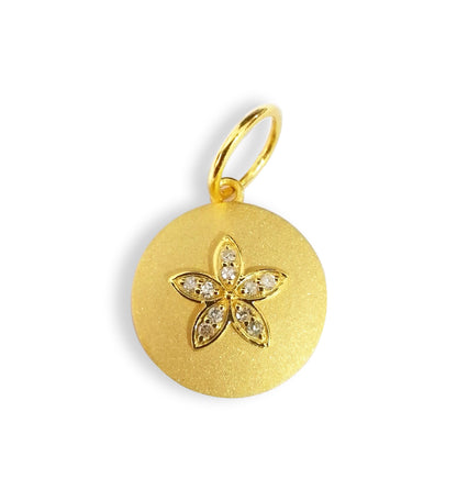 Round Disk on Flower 14k Solid Gold Diamond Pendants.