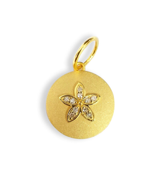 Round Disk on Flower 14k Solid Gold Diamond Pendants.