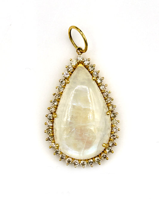 14k Solid Gold Diamond Pendants With Rainbow Moon Stone