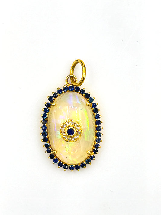 Oval 14k Solid Gold Diamond Pendants With Opal & Blue Sapphire