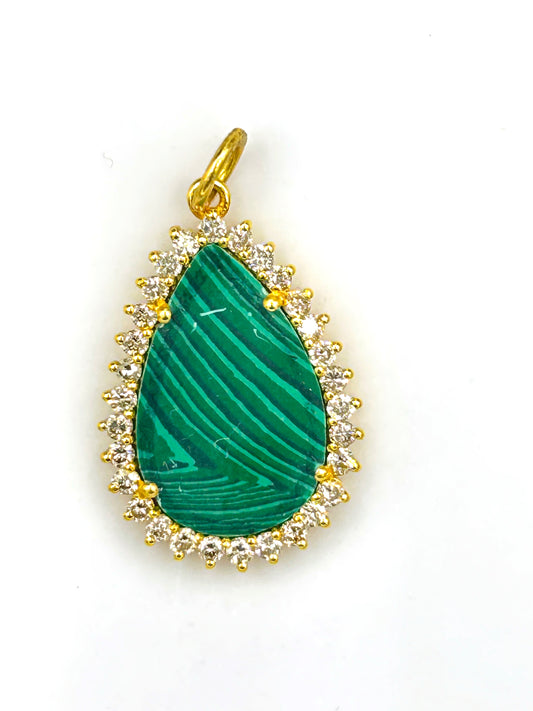 Pear 14k Solid Gold Diamond Pendants With Malachite Stone