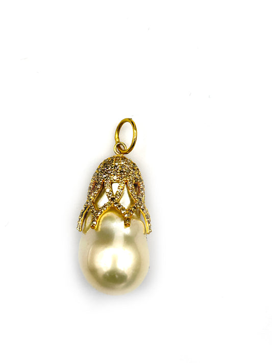 14k Solid Gold Diamond Pendants With Pearl Stone