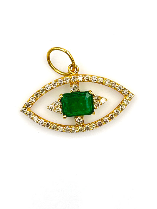 Evil Eye 14k Solid Gold Diamond Pendants With Emerald Stone
