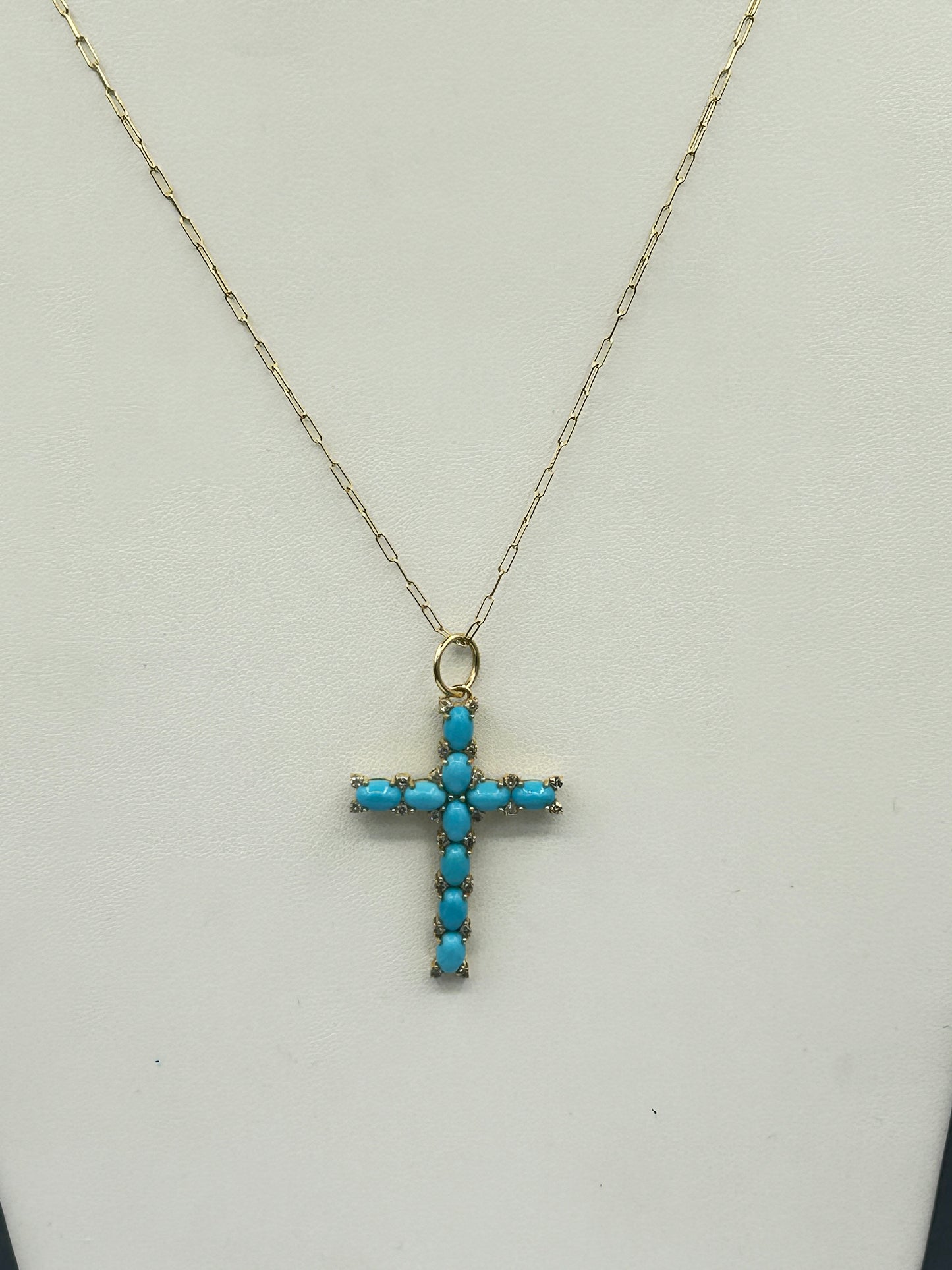 14K SOLID GOLD CROSS PENDANT WITH BLUE SAPPHIRE AND DIAMONDS