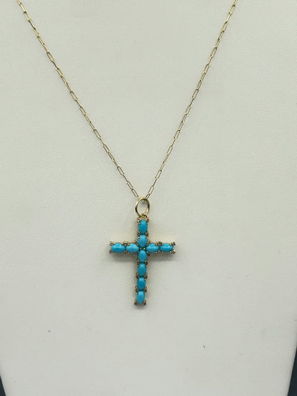 14K SOLID GOLD CROSS PENDANT WITH BLUE SAPPHIRE AND DIAMONDS