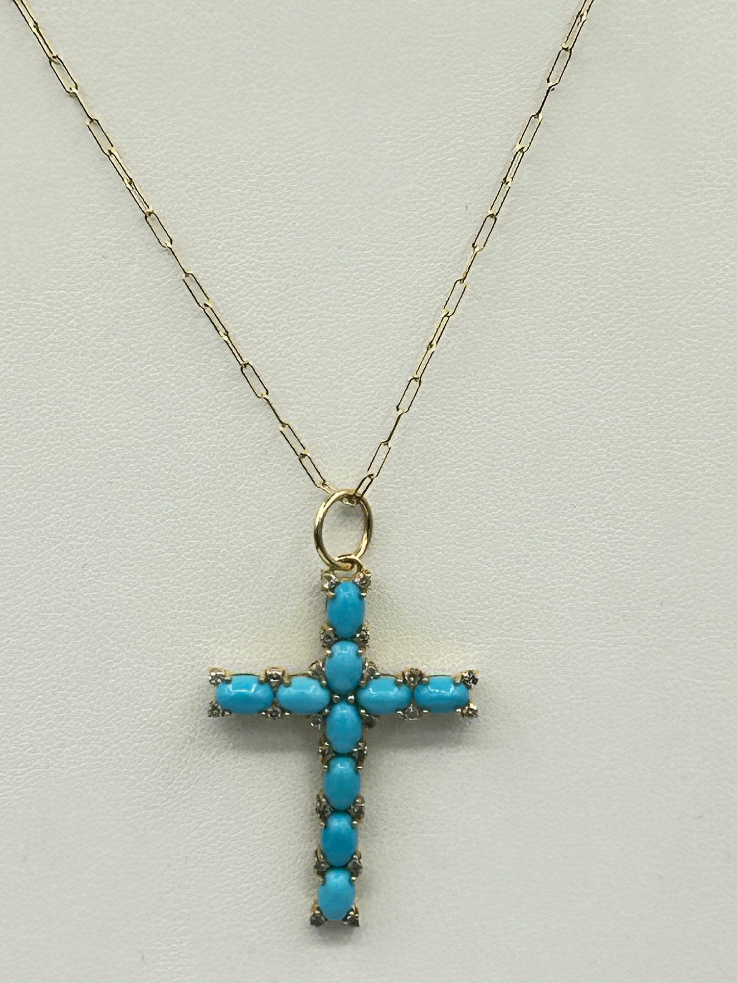 14K SOLID GOLD CROSS PENDANT WITH BLUE SAPPHIRE AND DIAMONDS