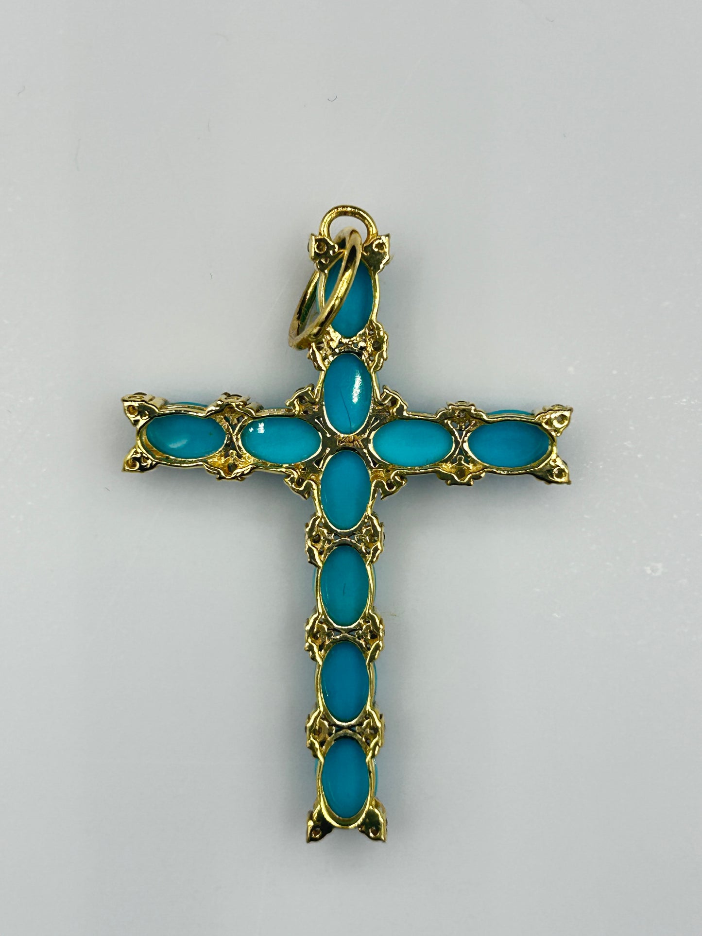 14K SOLID GOLD CROSS PENDANT WITH BLUE SAPPHIRE AND DIAMONDS