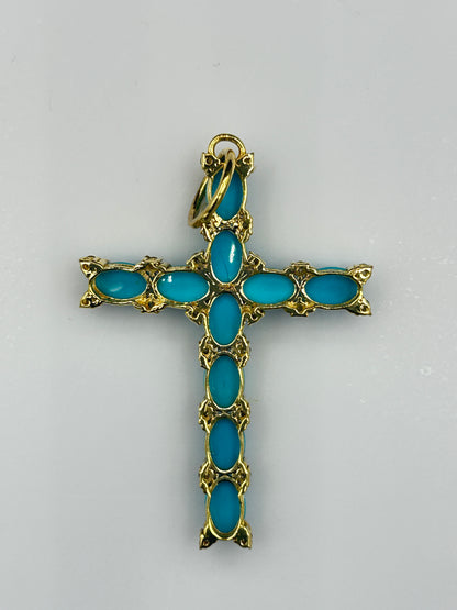 14K SOLID GOLD CROSS PENDANT WITH BLUE SAPPHIRE AND DIAMONDS
