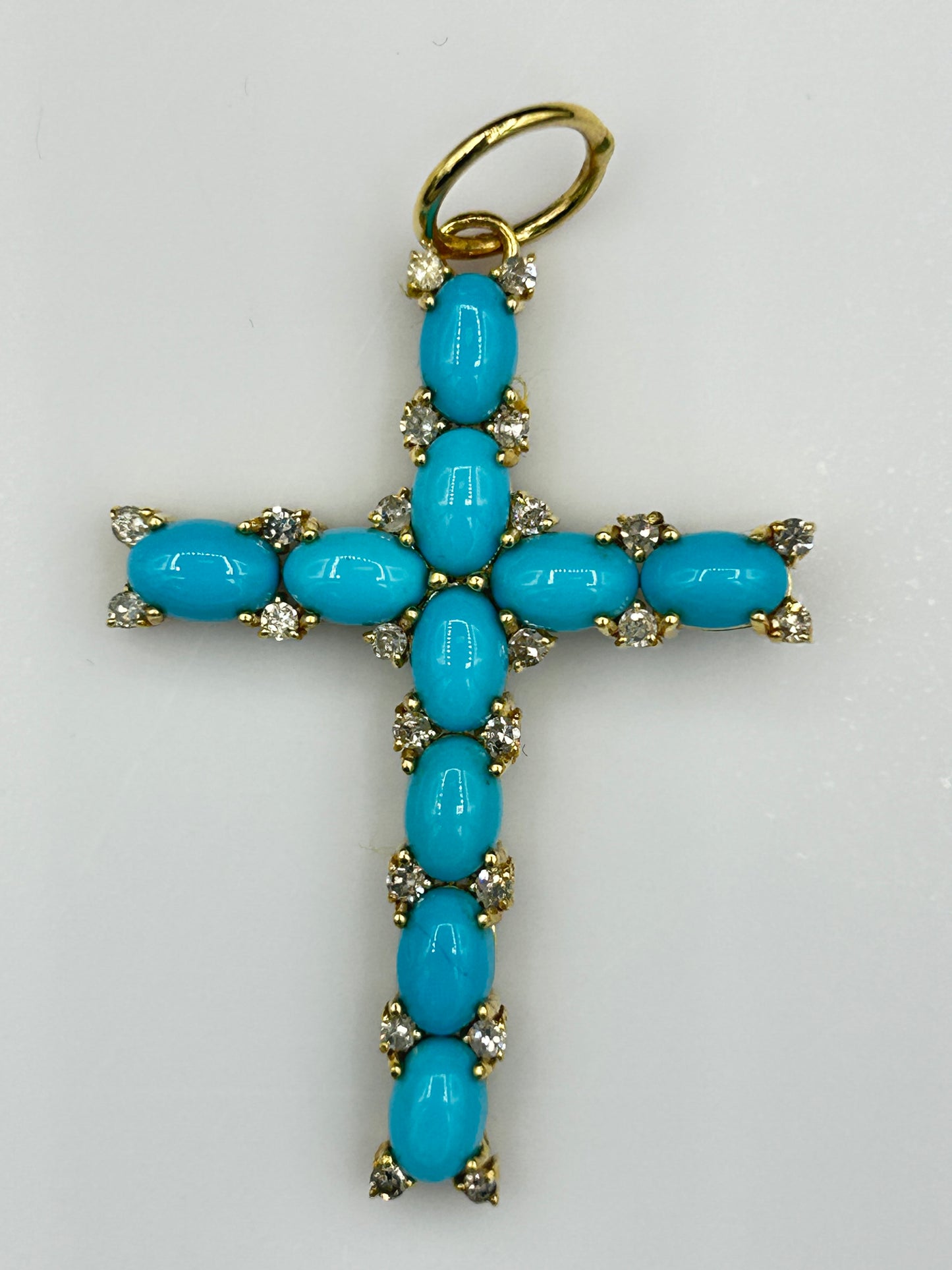14K SOLID GOLD CROSS PENDANT WITH BLUE SAPPHIRE AND DIAMONDS