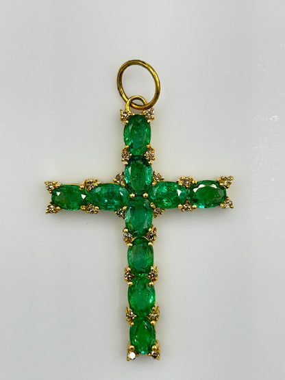 14K SOLID GOLD CROSS PENDANT WITH BLUE SAPPHIRE AND DIAMONDS