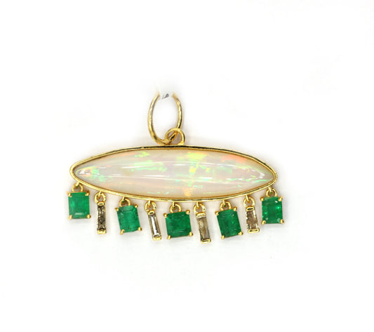 Oval 14k Solid Gold Diamond Pendants With Emerald And Opal