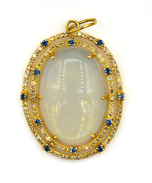 Oval 14k Solid Gold Diamond Pendants With Opal Stone