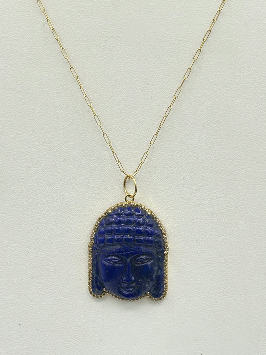 Beautiful labradorite Buddha pendant set in 14k gold and adorned with diamonds