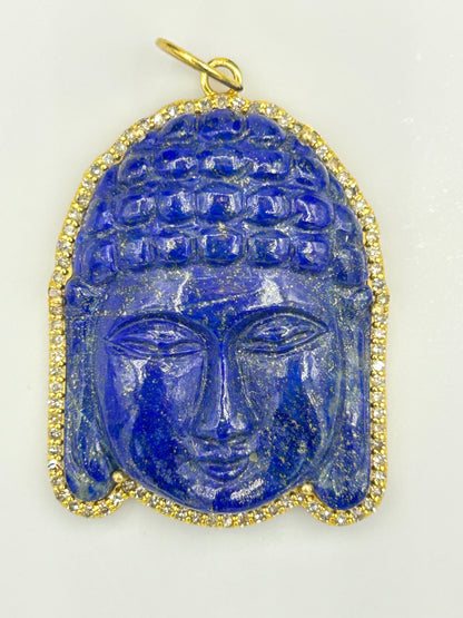 Beautiful labradorite Buddha pendant set in 14k gold and adorned with diamonds