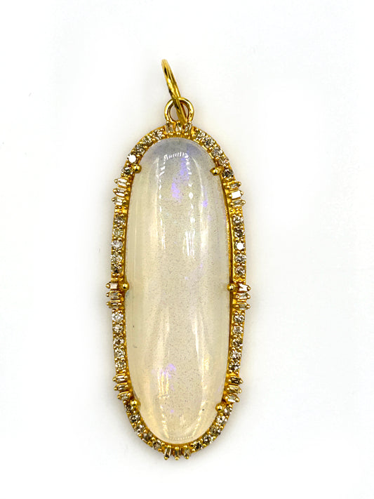 Oval 14k Solid Gold Diamond Pendants With Opal Stone