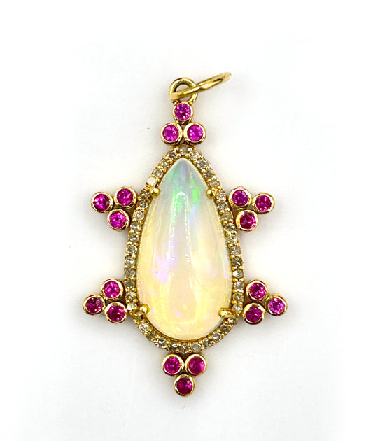 Pear 14k Solid Gold Diamond Pendants With Opal Stone