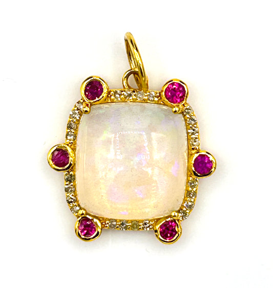 Square 14k Solid Gold Diamond Pendants With Opal Stone