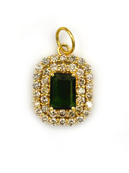 Rectangle 14k Solid Gold Diamond Pendants With Green Tourmaline Stone