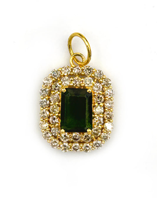 Rectangle 14k Solid Gold Diamond Pendants With Green Tourmaline Stone